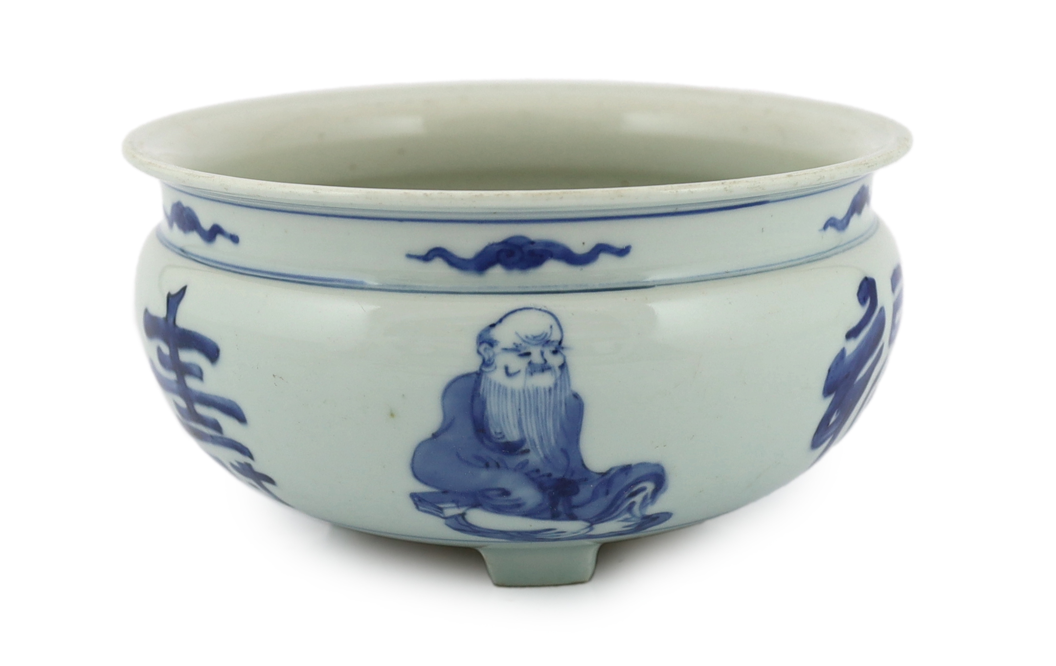A Chinese blue and white ‘Sanxing’ tripod censer, Kangxi period